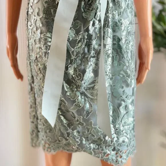 NWT Tadashi Shoji Ice Green Sequin Lace Dress Cocktail Dress Ribbon‎ Belt Size 6 - Picture 7 of 12